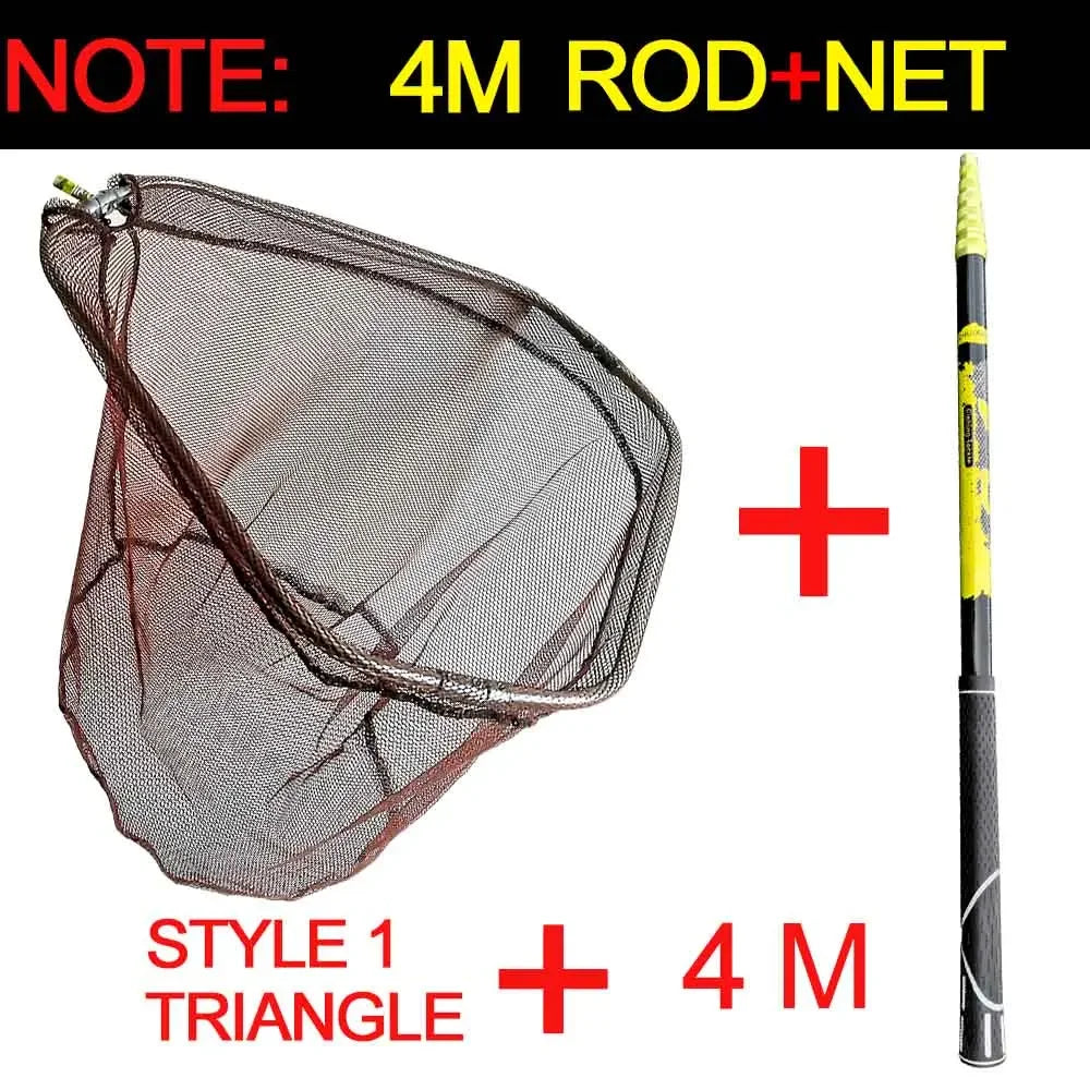 Telescopic 4 metre net rod paired with large triangular landing net head