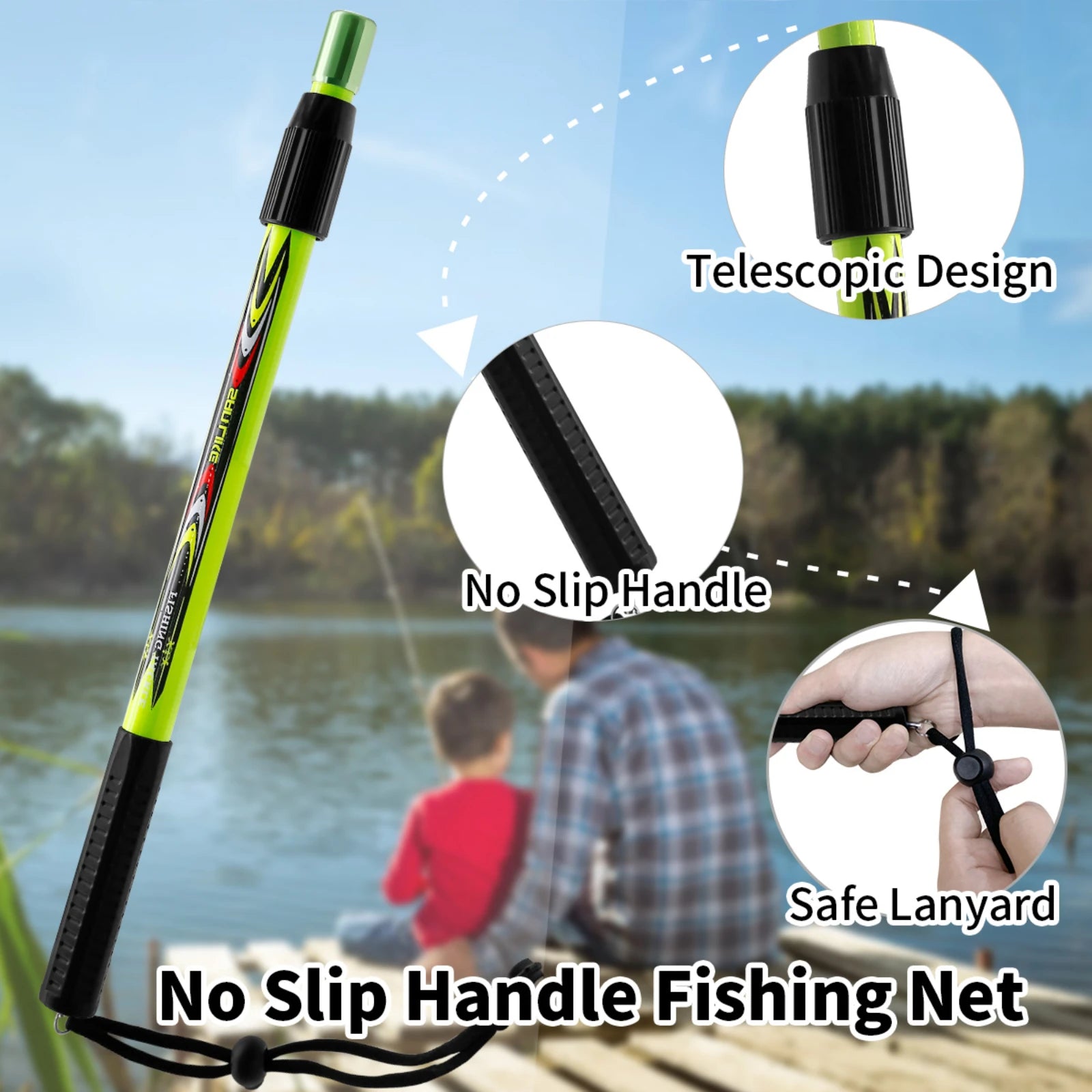 Anglers using telescopic fishing net with non-slip handle beside river showing portable outdoor design