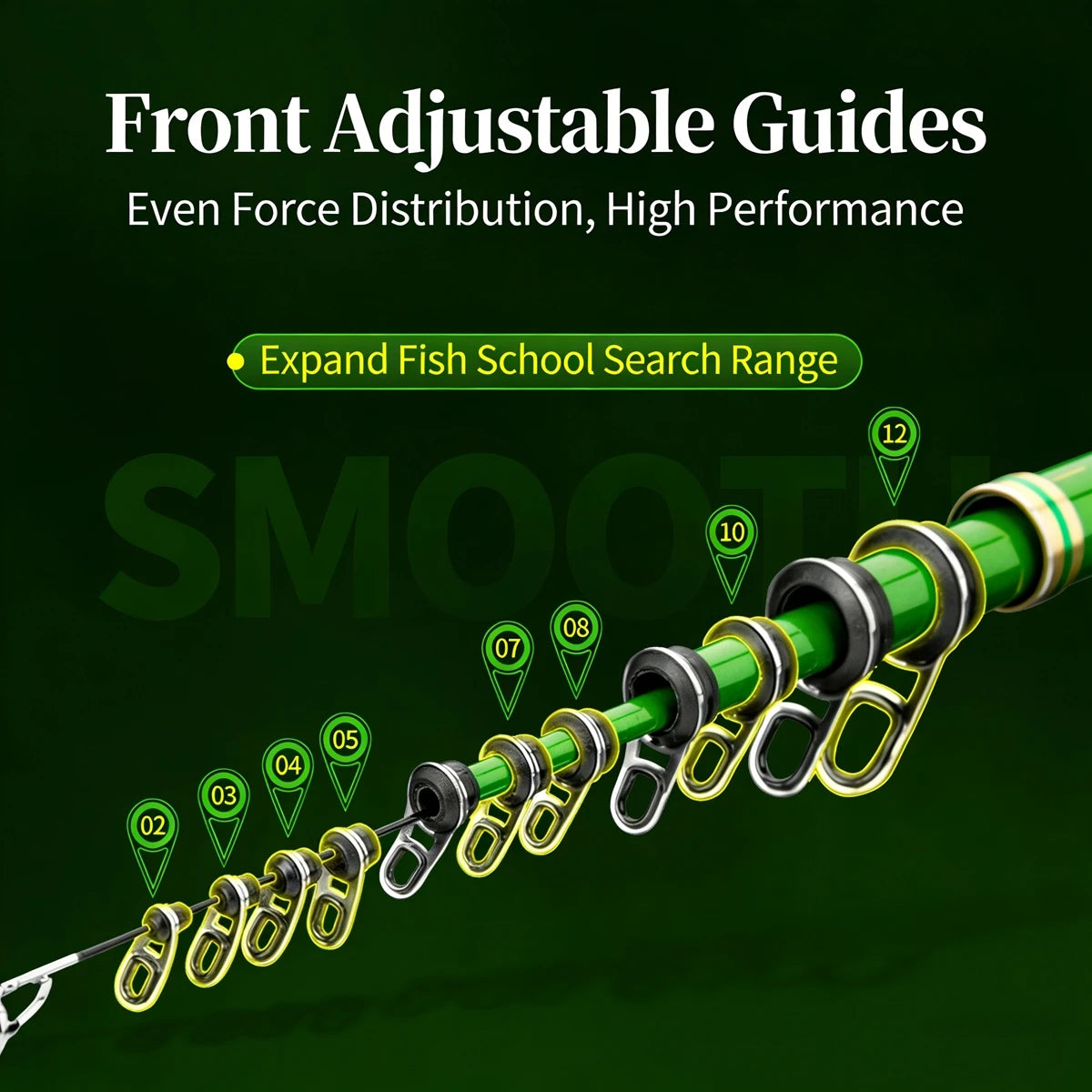 Telescopic fishing rod showing adjustable guide rings and extended sections