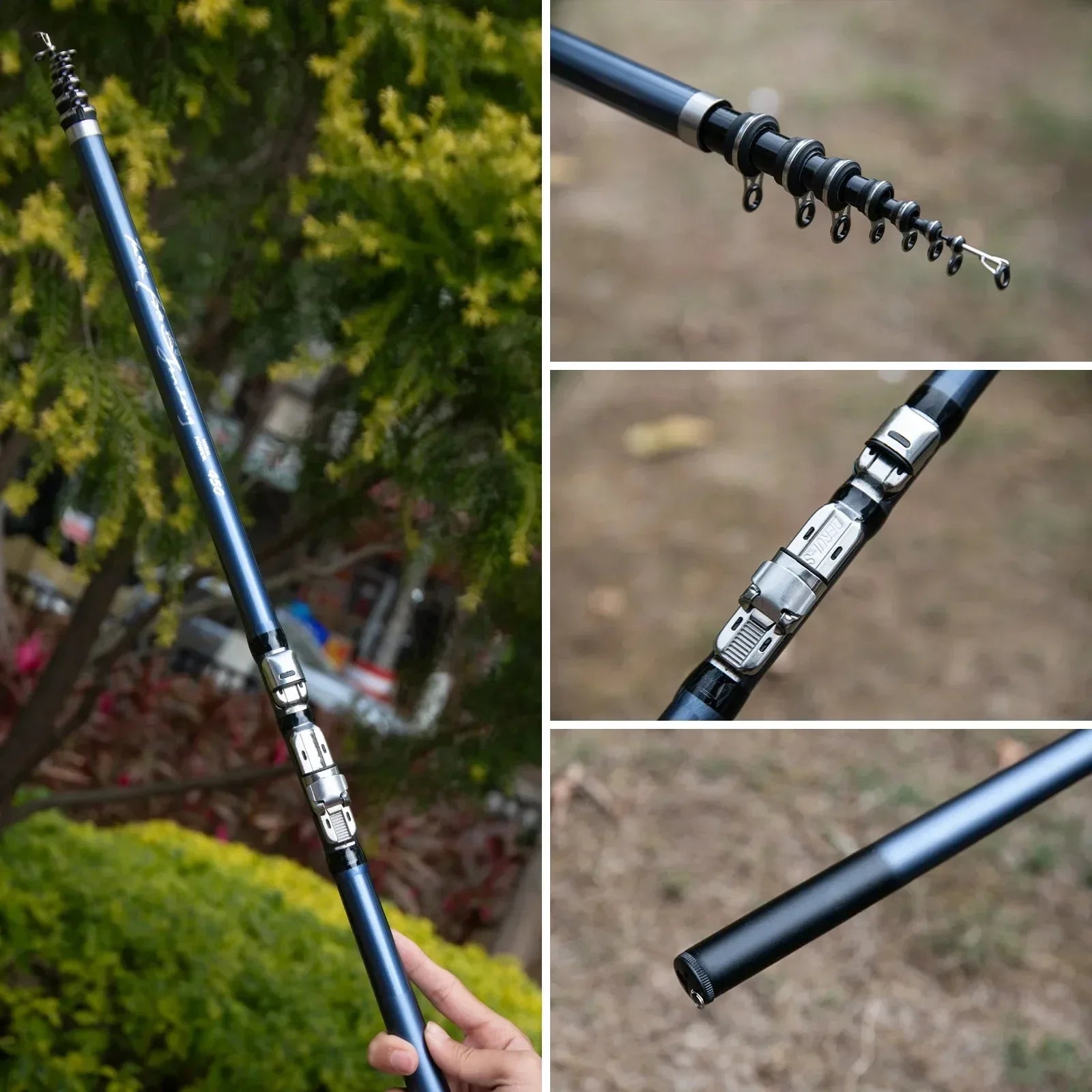 Telescopic fishing rod showing extended sections and casting position outdoors