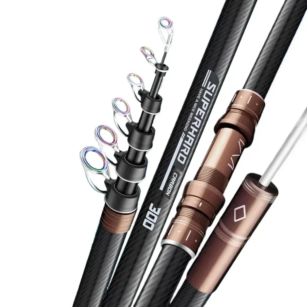 Telescopic fishing rod showing extended sections and guide rings