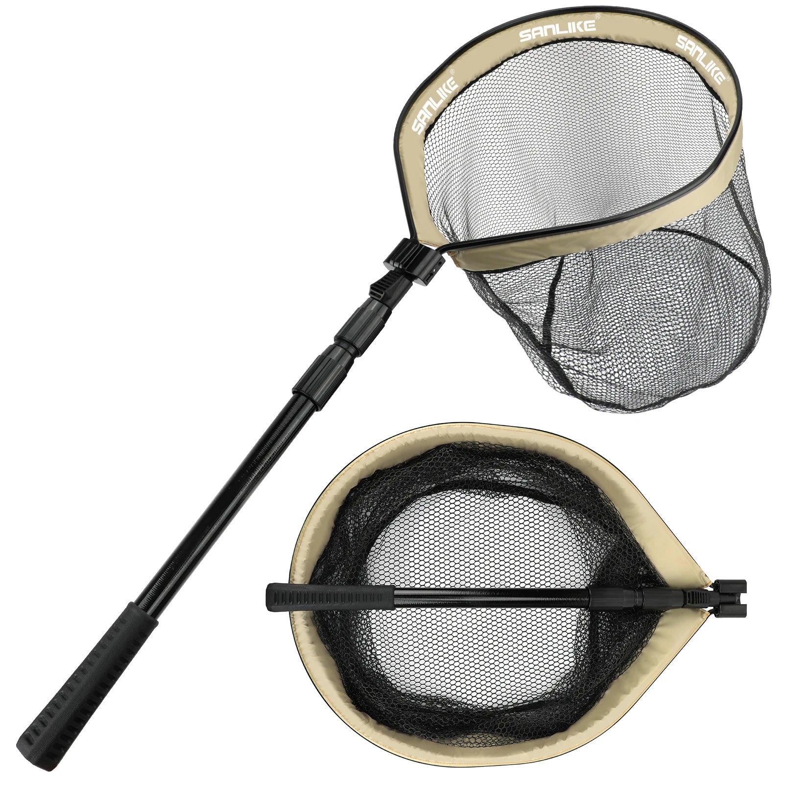 Telescopic floating landing net shown folded and extended for use