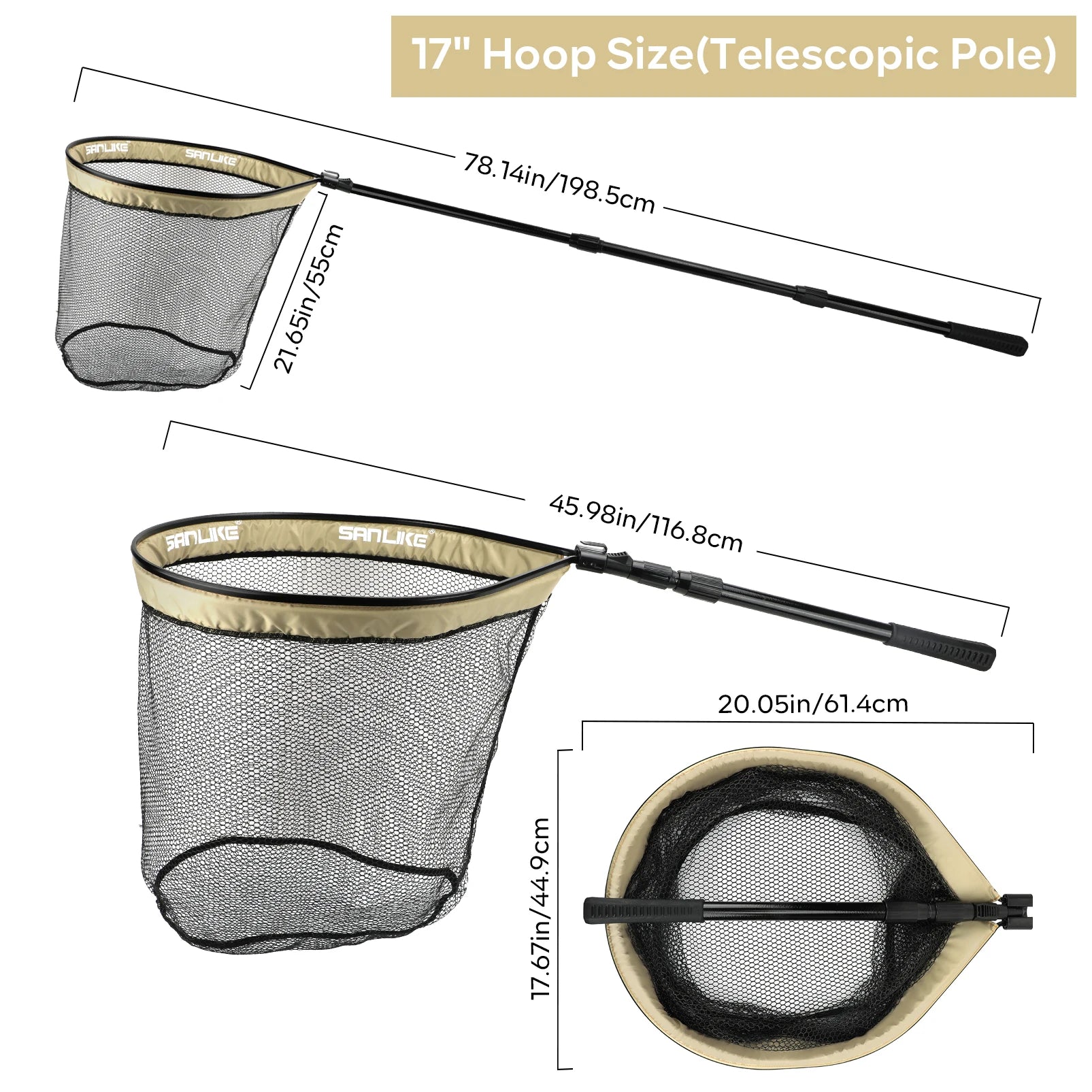 Telescopic floating landing net size diagram showing hoop net depth and pole length