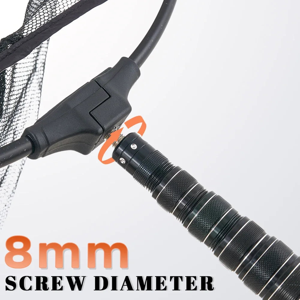 Fishing landing net handle showing 8 mm screw thread connection for net head