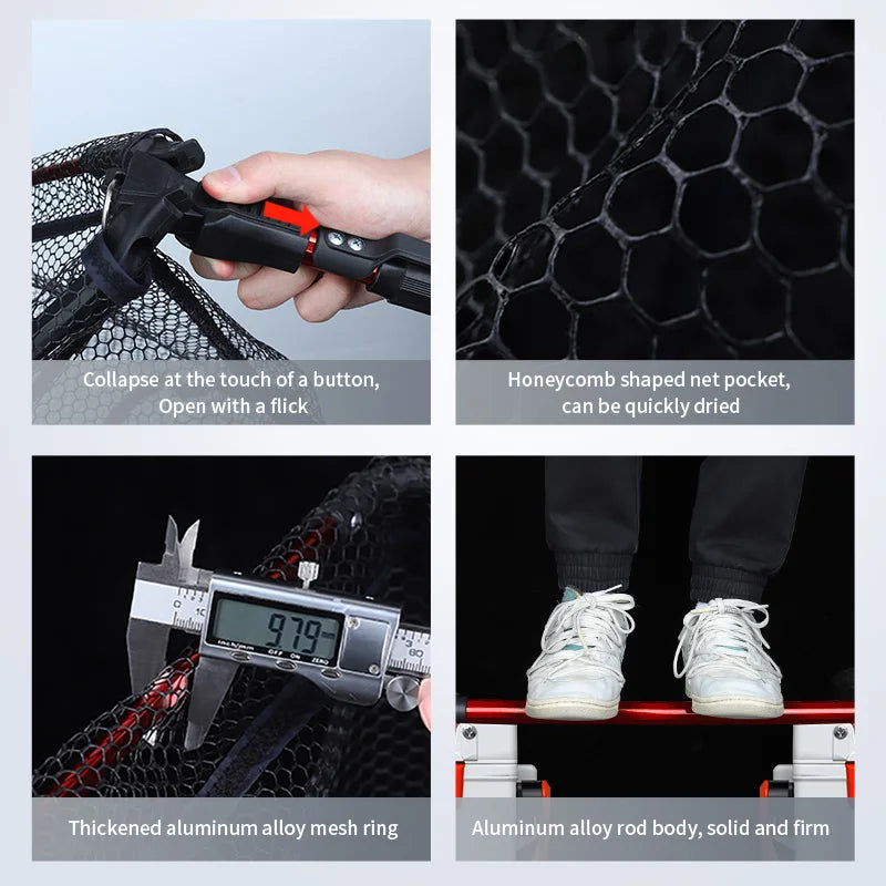 Telescopic landing net feature collage showing grip mesh strength and folding