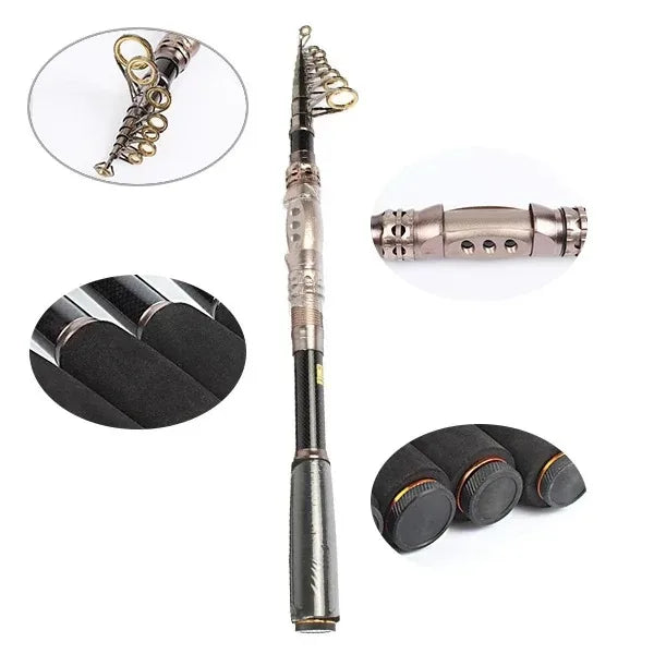 Telescopic spinning rod handle and guides showing stainless steel fittings