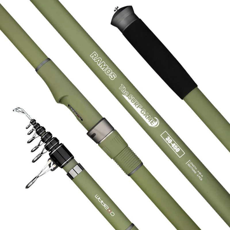 Telescopic surf fishing rod with carbon fibre blank and extended tip guides