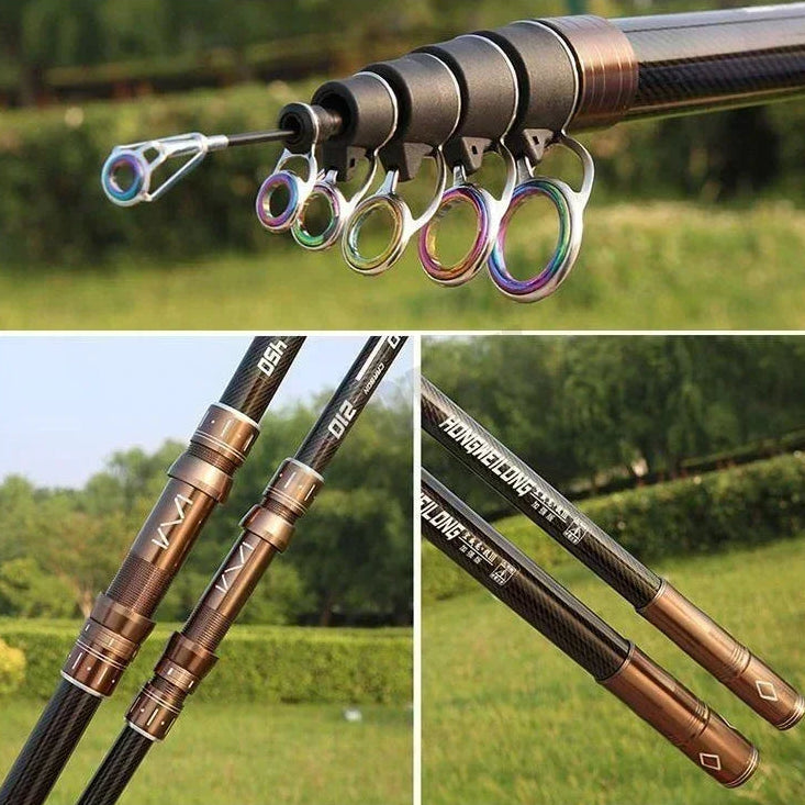 Telescopic surfcasting fishing rod with carbon fibre blank and extended guides