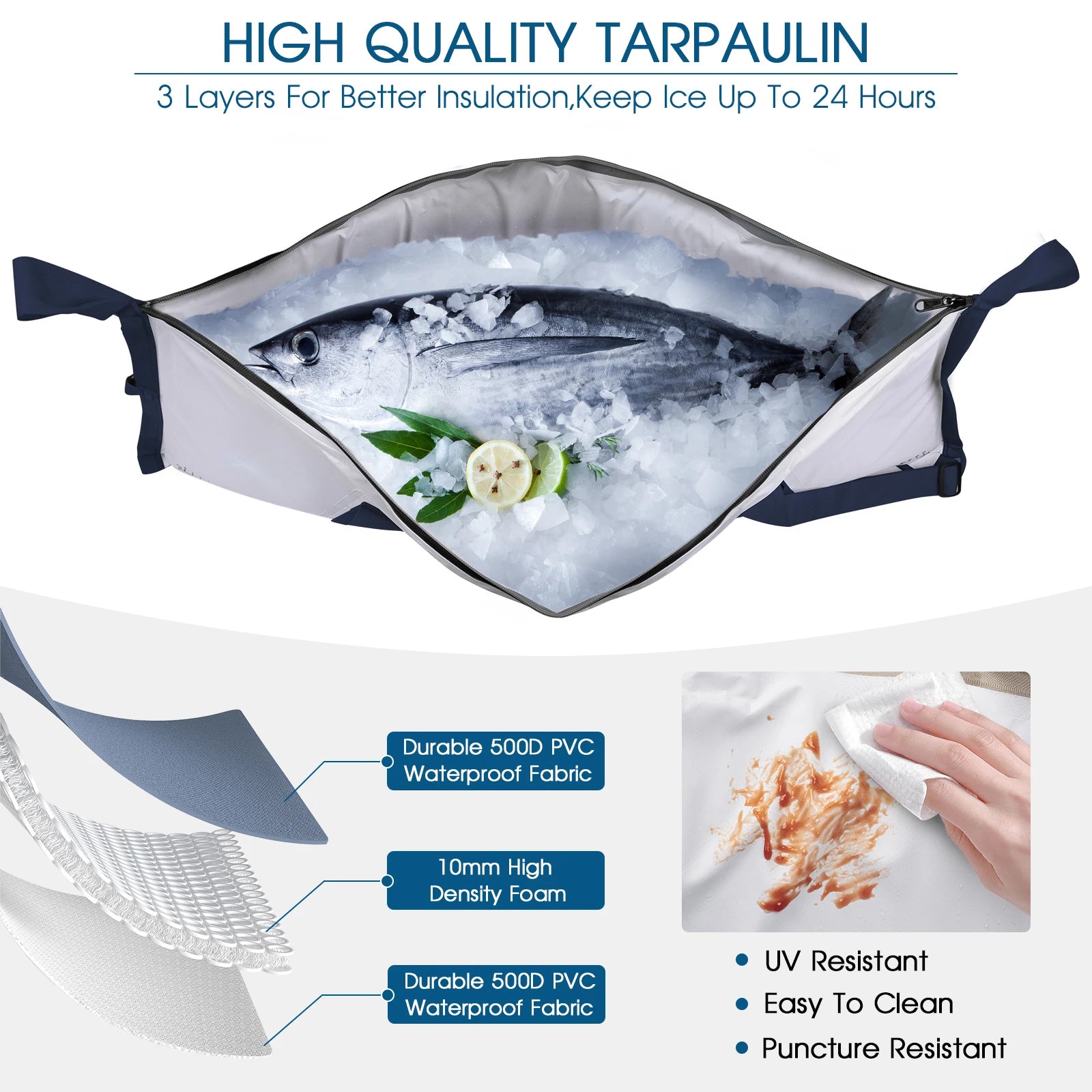 Cross-section showing three-layer tarpaulin insulation of THKFISH fishing cooler bag