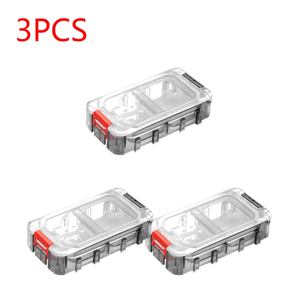 Three waterproof fishing tackle storage boxes with clear lids
