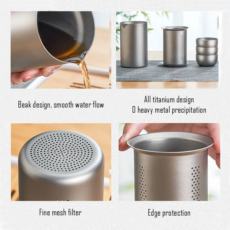 All-in-one titanium tea infuser set showing stackable design with brewing pot, filter, and cup for compact storage