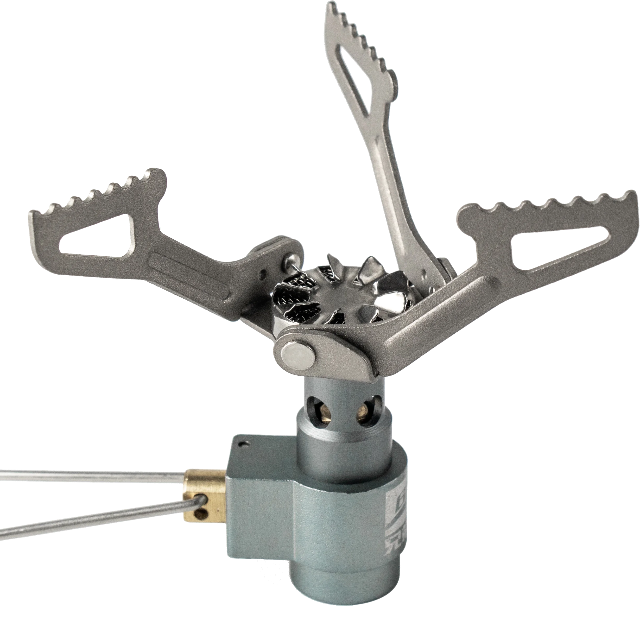Side angle of titanium ultralight backpacking stove