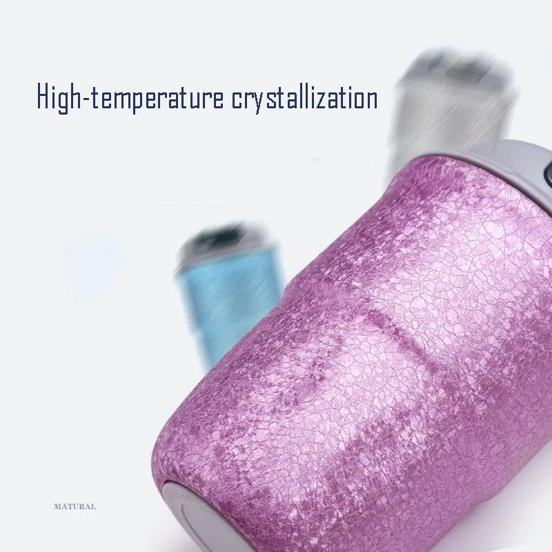 Purple and blue titanium flasks with polished finish designed for 6–12 hour thermal insulation