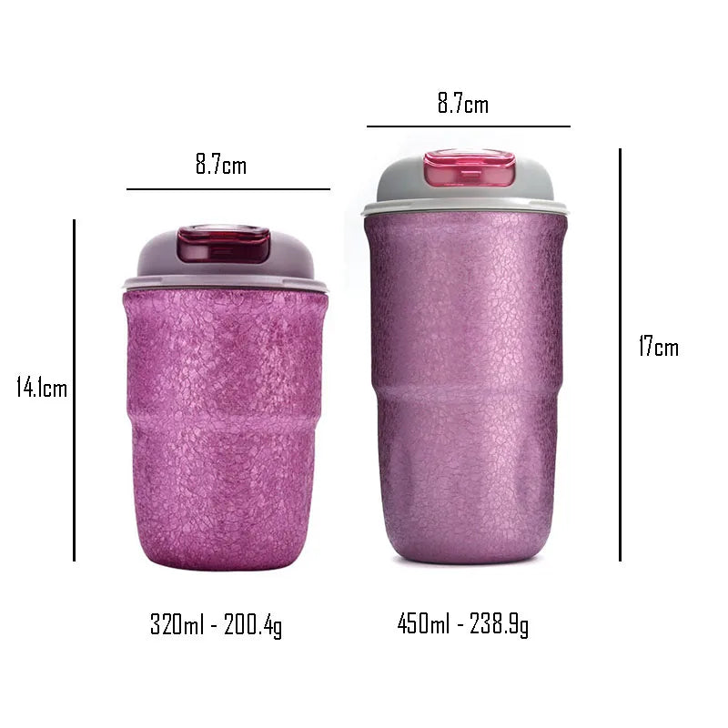 Two purple titanium belly flasks side by side showing 320ml and 450ml size comparison with height and weight measurements