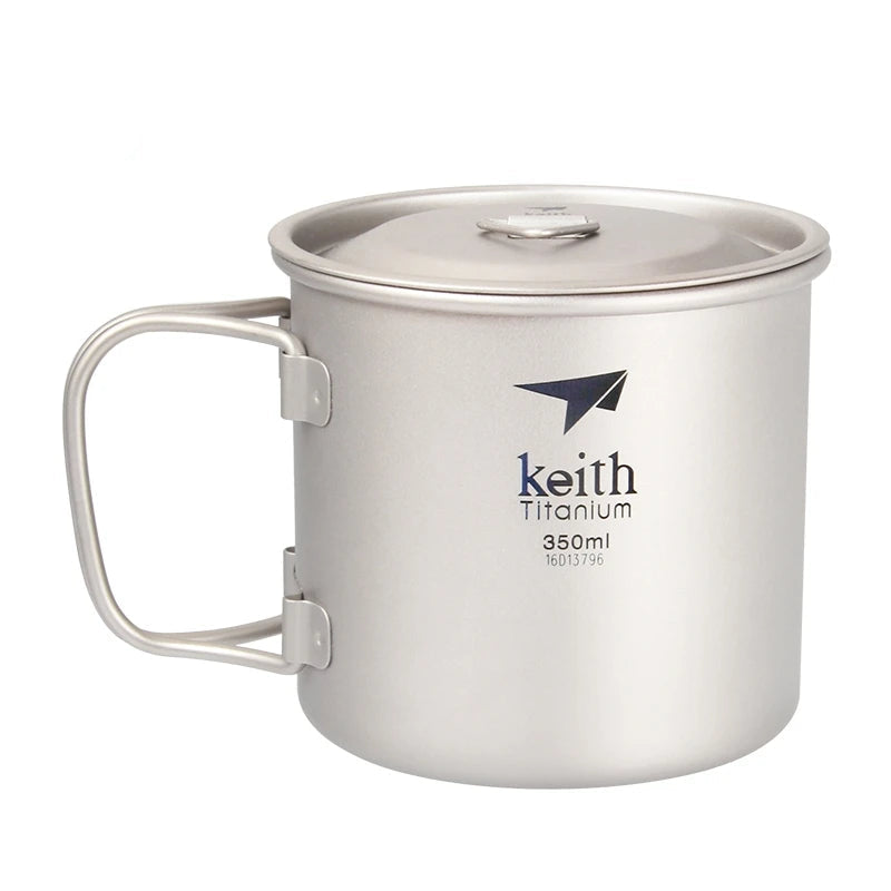 Front view of titanium camping mug with lid