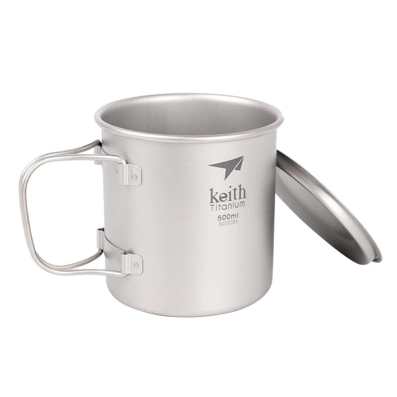 Side view of titanium camping mug with handle