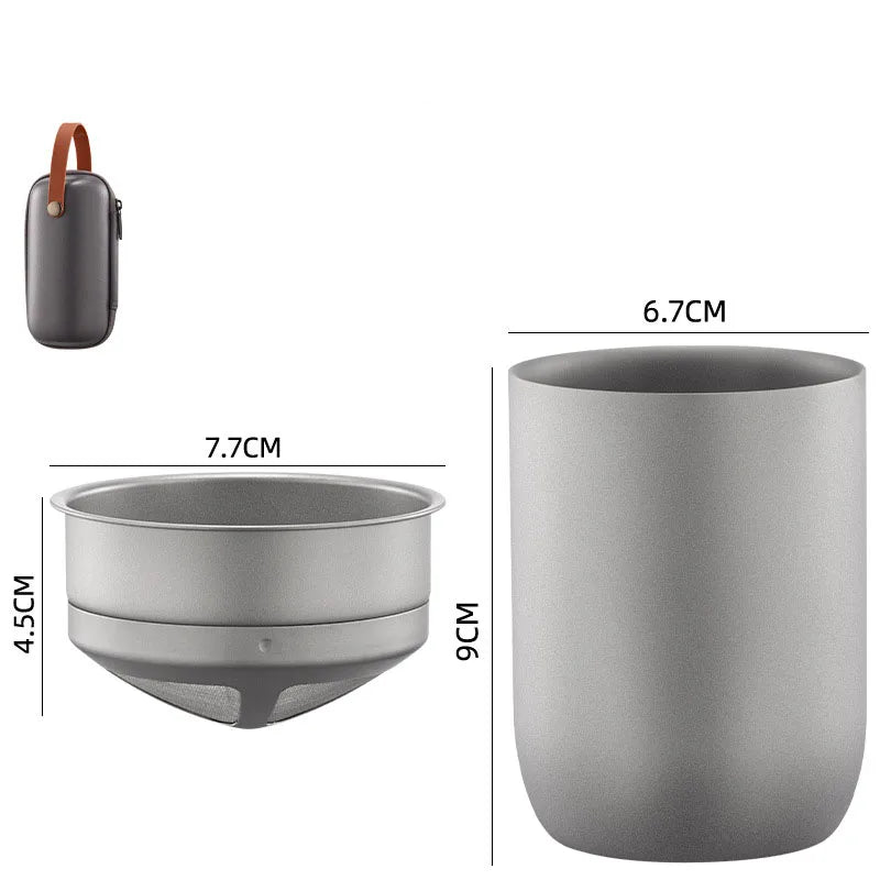 Detailed size chart for titanium mug, kettle, and filter showing compact, portable proportions