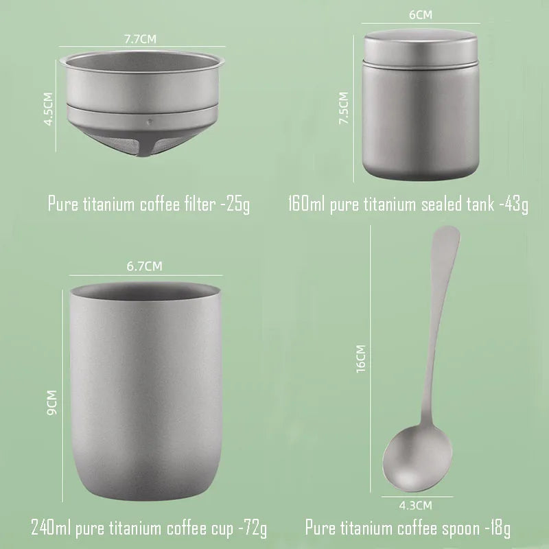 Titanium coffee filter, mug, spoon, and pot with labelled weights and sizes shown in technical diagram