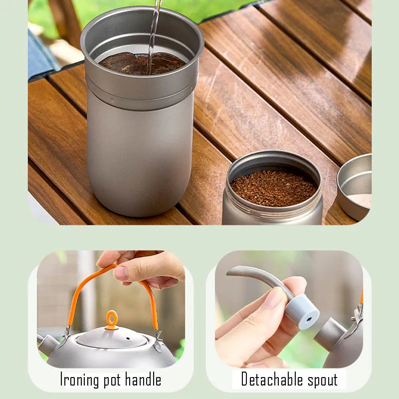 Compact titanium coffee brewing kit with mug, filter, and jar designed for travel or home use