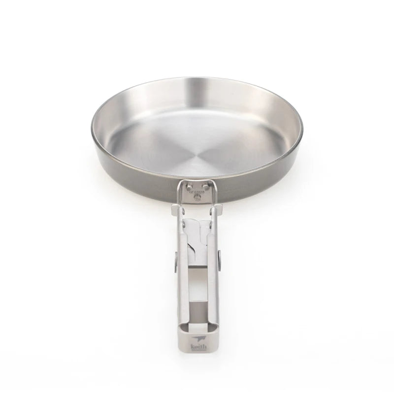 Angled top view of round titanium frying pan