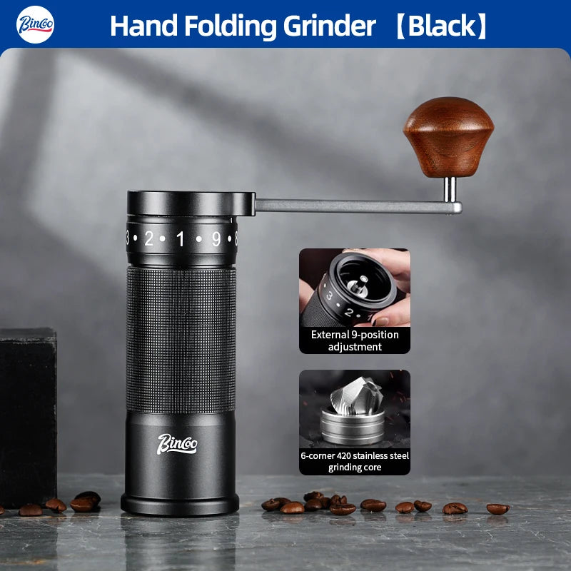 Folding hand coffee grinder with black finish showing compact, portable brewing tool design