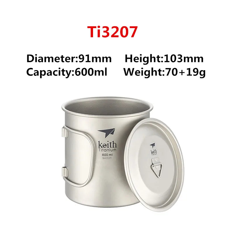 Titanium camping mug larger size with measurement details
