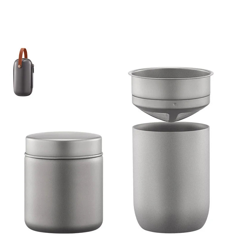 Titanium pour-over coffee set with reusable filter and insulated mug for zero-waste brewing