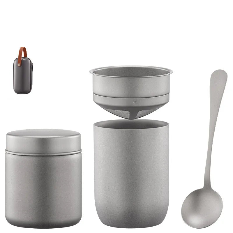 Titanium pour-over coffee set with spoon reusable filter and insulated mug for zero-waste brewing