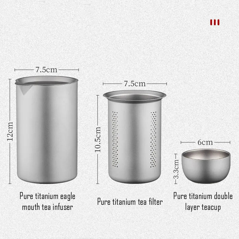 Titanium tea infuser set with height and width measurements showing main brewing pot, filter, and cup sizes