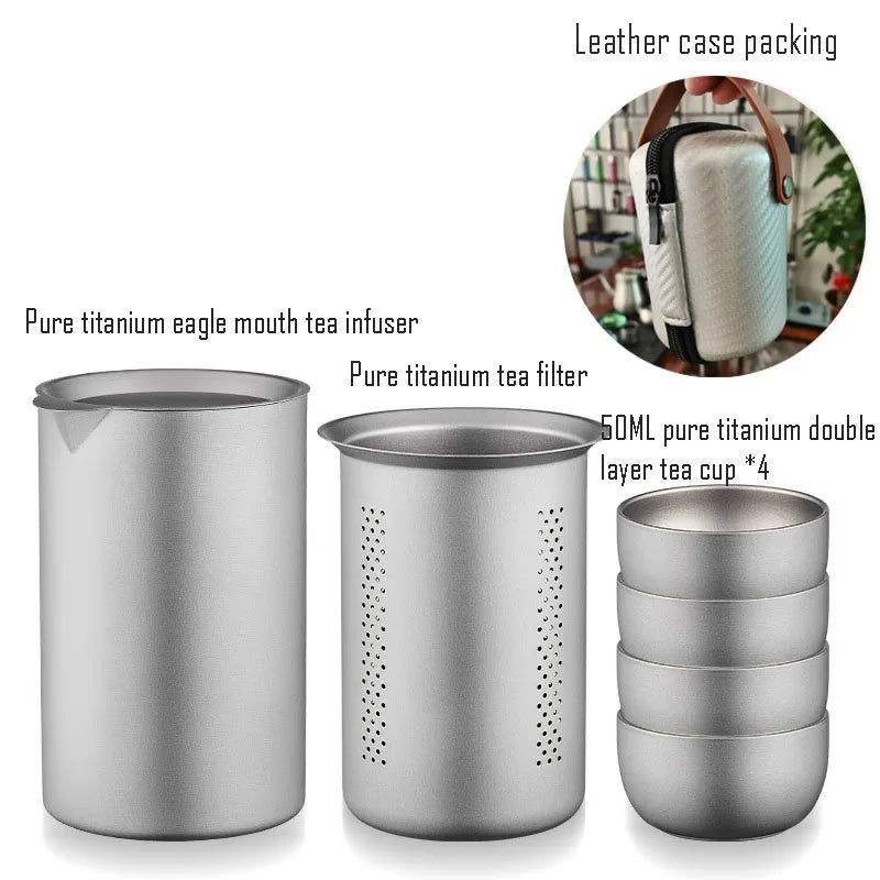 Titanium tea infuser and cup set with premium leather carrying case ideal for travel or office brewing