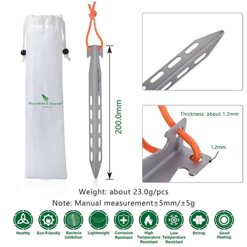 Titanium tent stakes with white storage bag