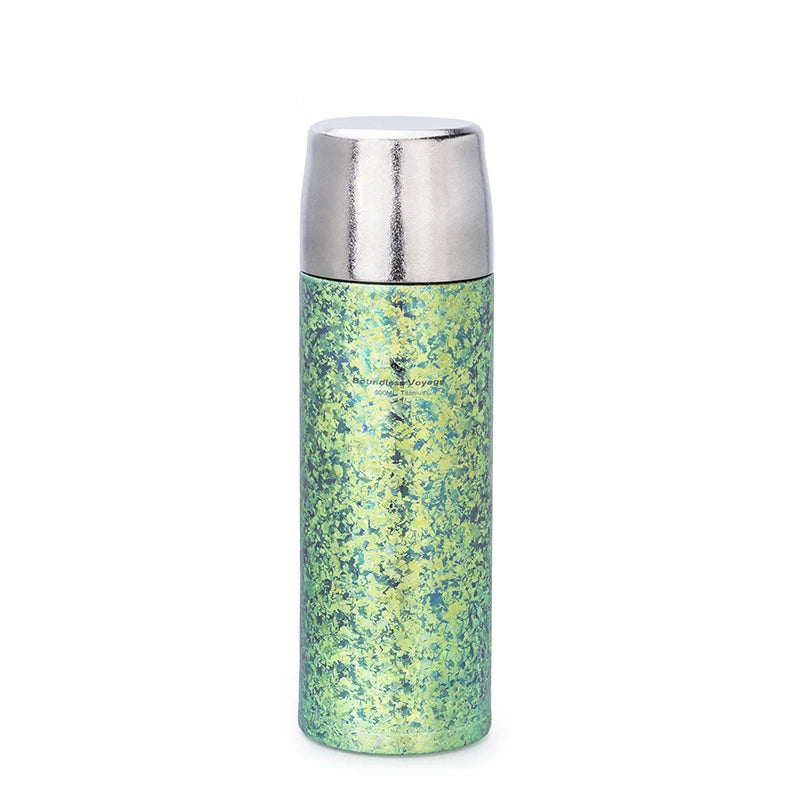 Green titanium thermos front view