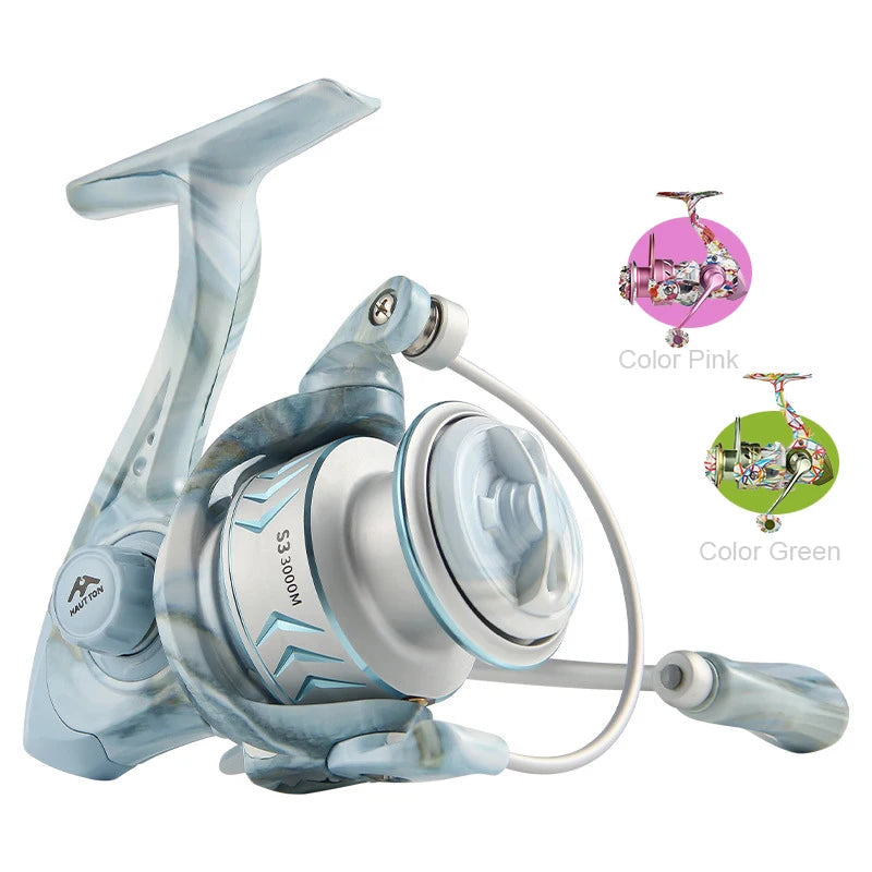 TLA graffiti spinning reel in blue, pink, and green colours showing lightweight alloy design