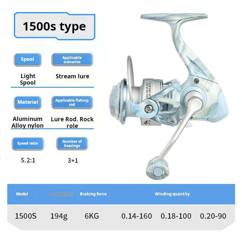 TLA S-S0 blue marbled spinning reel 1500S model featuring light spool design and 6 kg max drag