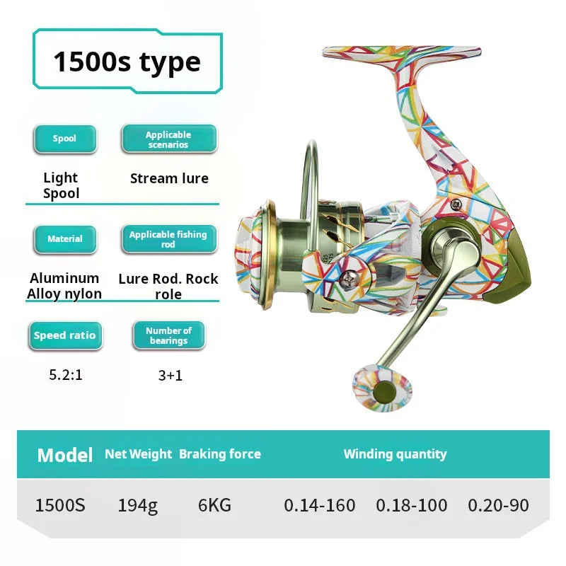 TLA S-S0 green marbled spinning reel 1500S model with 6 kg drag and aluminium alloy construction