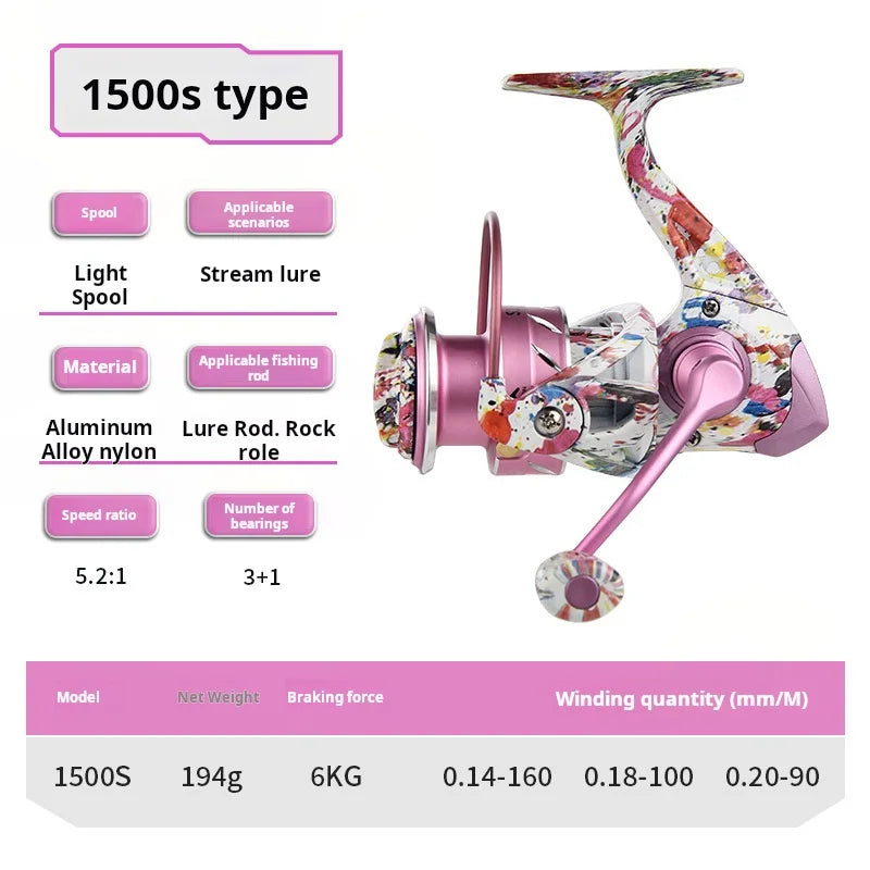 TLA S-S0 pink marbled spinning reel 1500S model with aluminium alloy spool and lightweight composite body