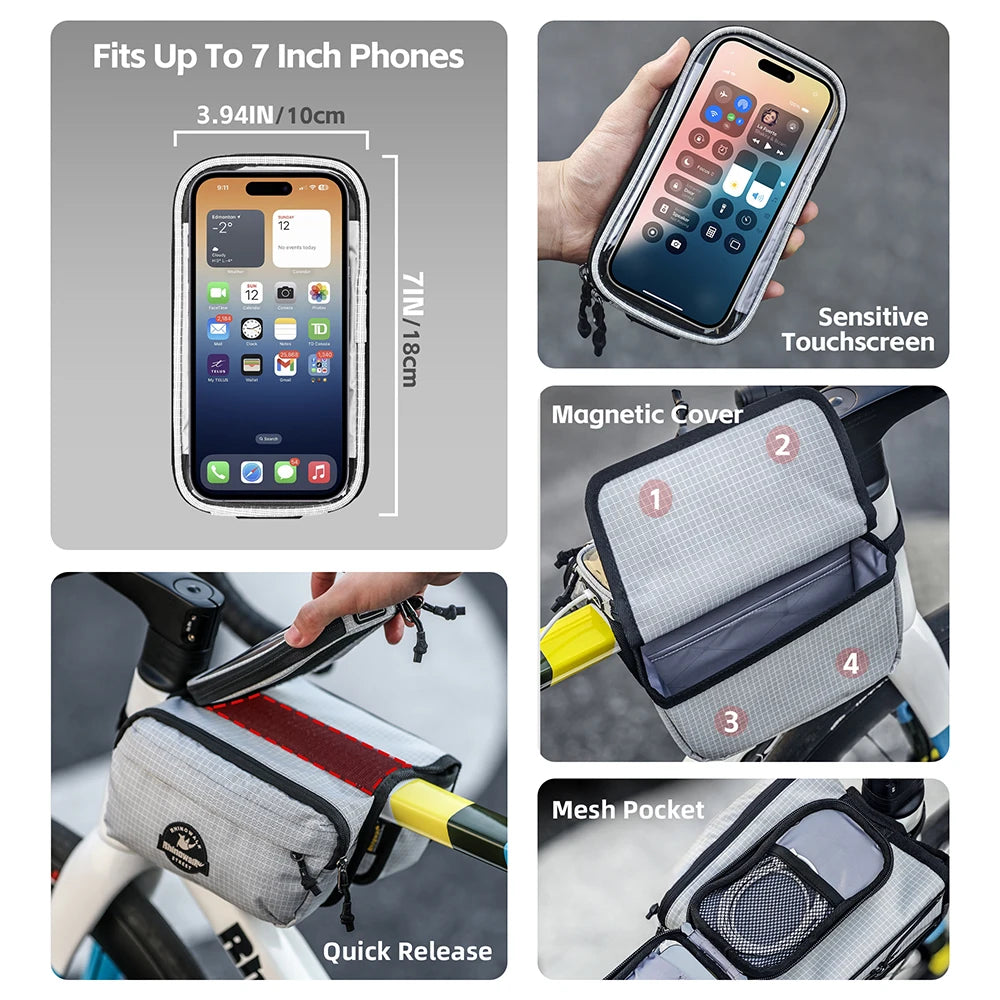 Top tube bike bag fits up to 7 inch phone