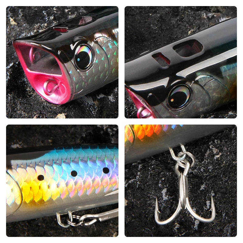 Close-up images showing topwater popper lure mouth, body, and hooks