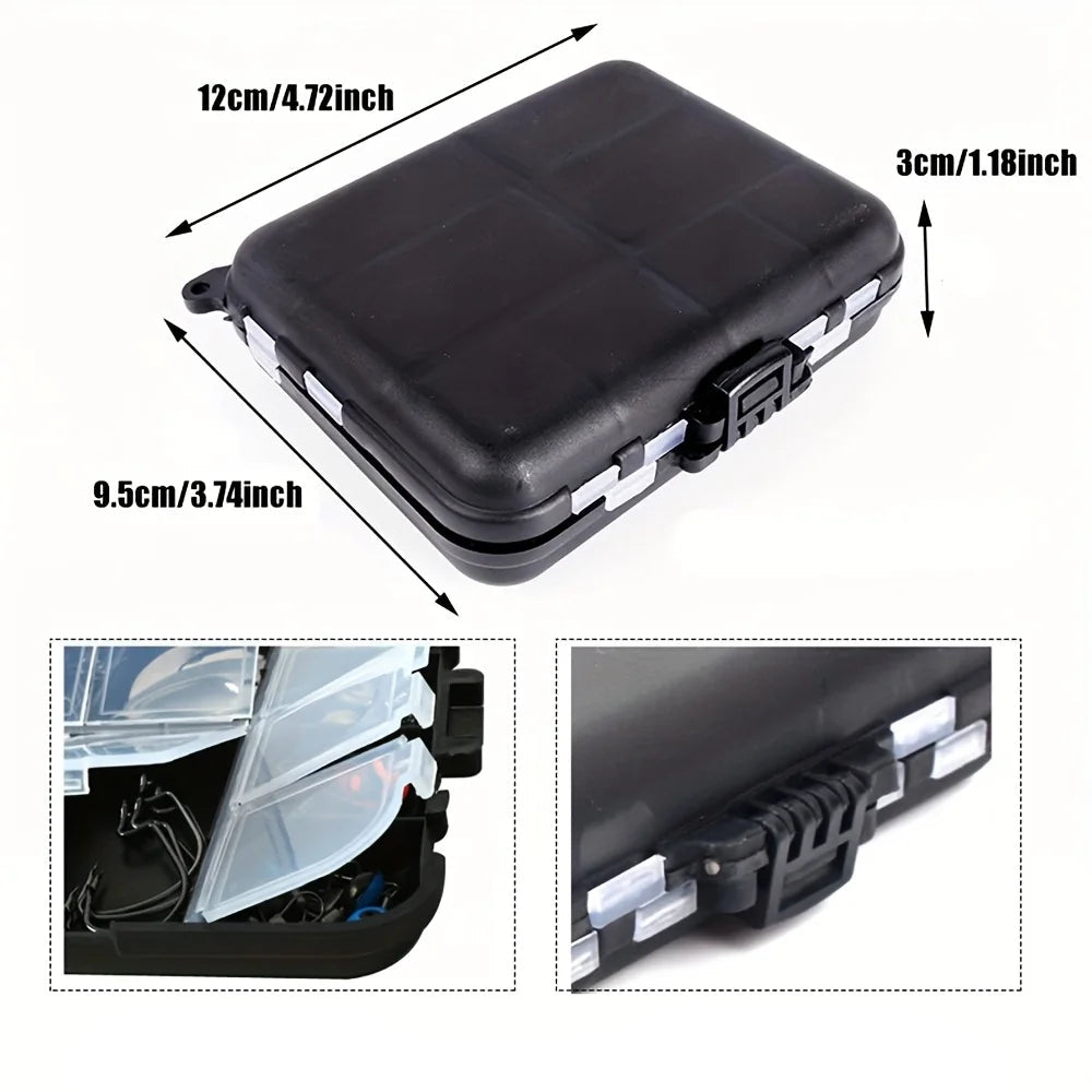 Portable fishing tackle box showing secure clasp and compact travel-friendly design