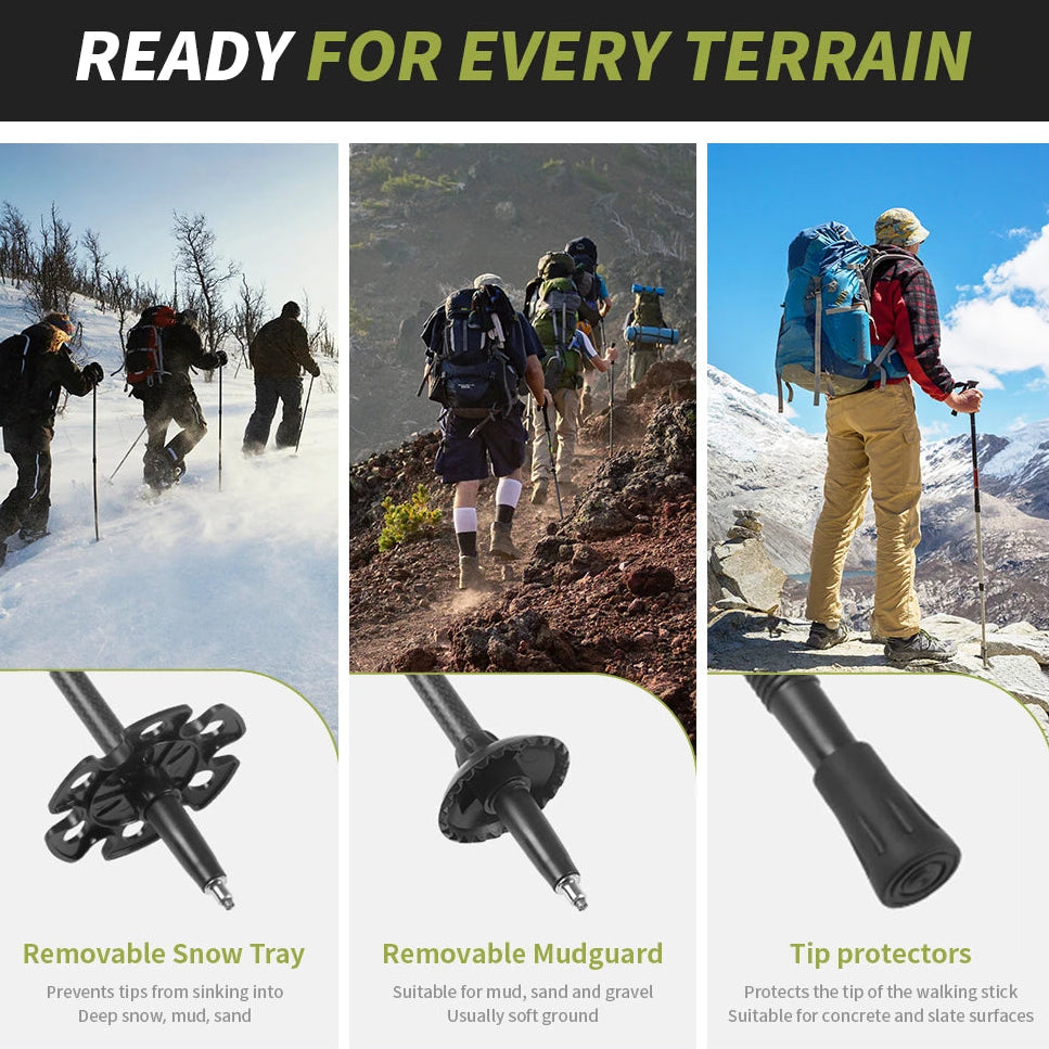 Trekking poles shown for snow, trail and rocky terrain