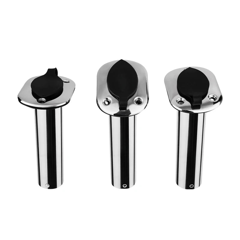 Set of three angled stainless steel rod holders with black PVC caps for marine installations