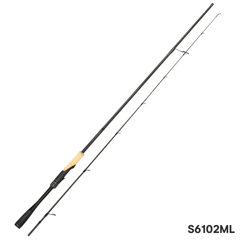 TSURINOYA 30T carbon fast action spinning rod full length on white background with cork and carbon handle