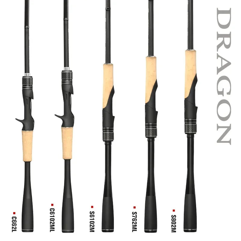 Range of TSURINOYA fast action carbon rods with cork grips and FUJI guides displayed upright on white background