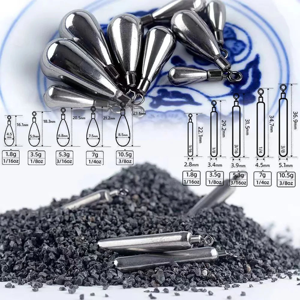 Tungsten drop shot sinker size comparison with measurement chart