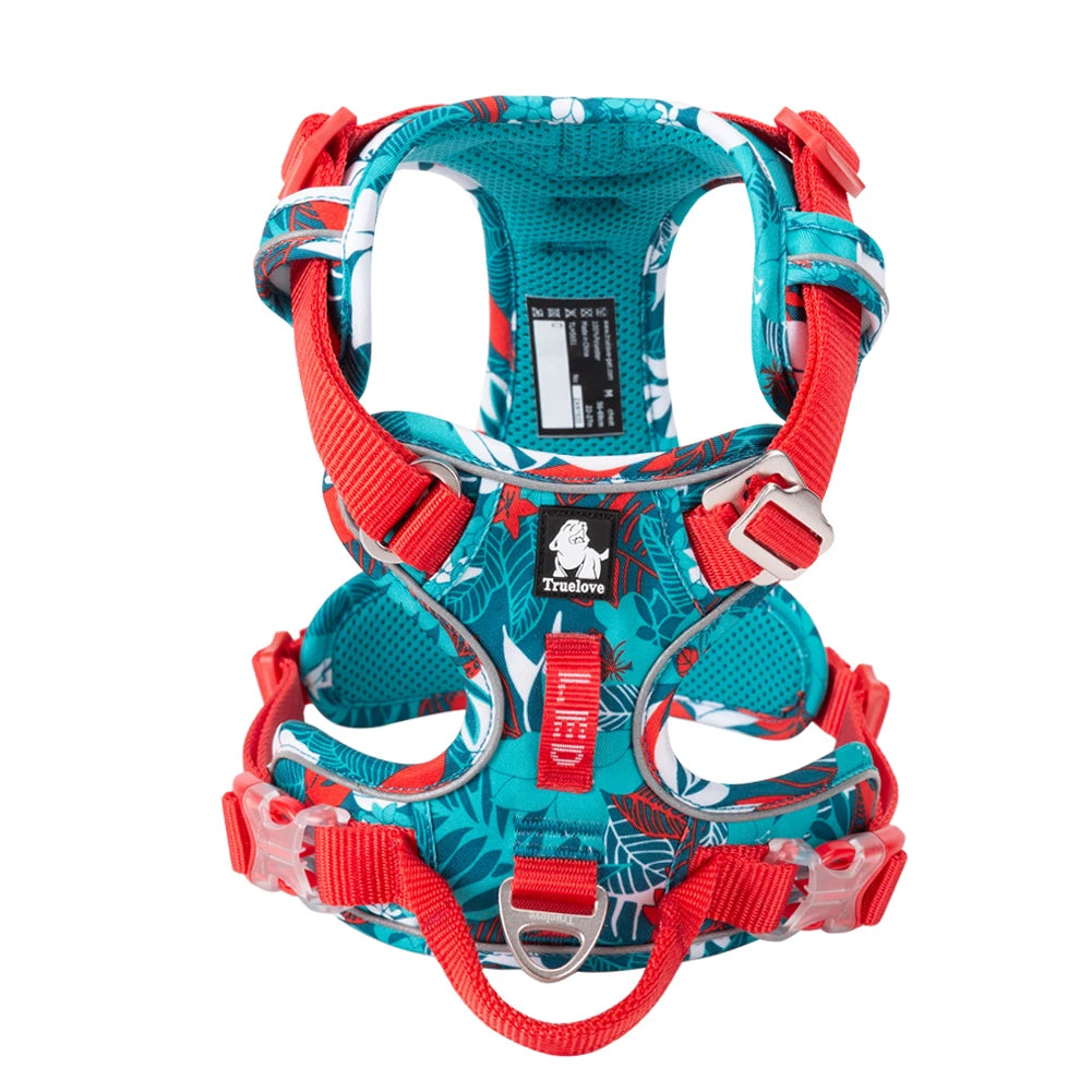 Turquoise and red padded dog harness with reflective detailing