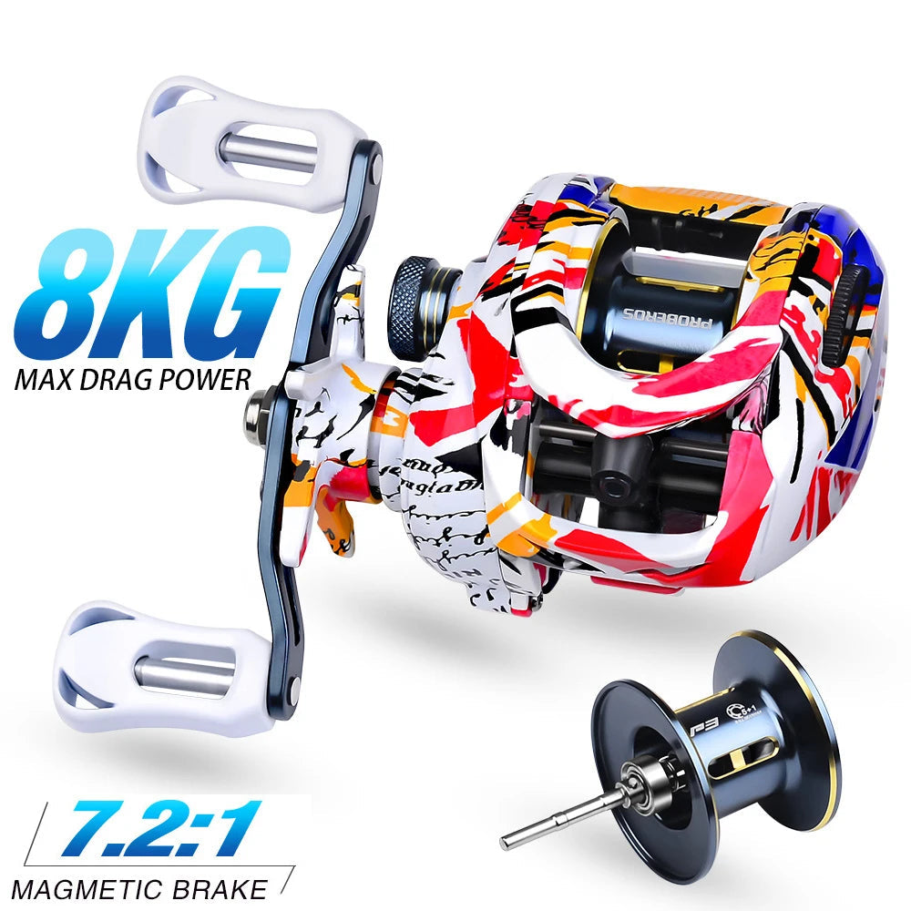 Ultra light baitcasting reel with 8kg max drag power and 7.2:1 gear ratio for smooth casting