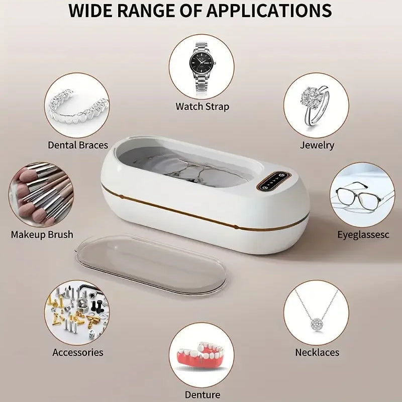Diagram showing ultrasonic cleaner uses for jewellery, watches, makeup brushes, dentures, and accessories
