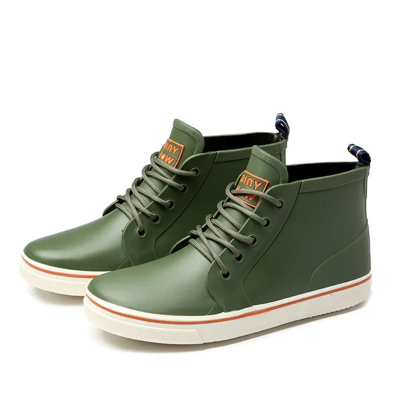 Green unisex ankle gumboots with lace up design and rubber sole