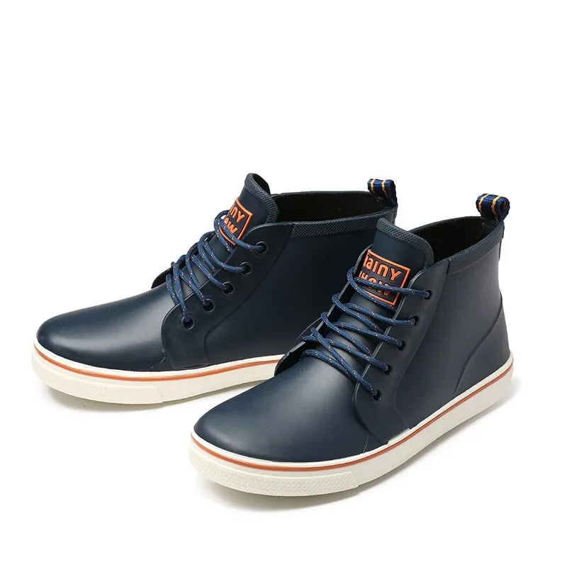 Unisex navy ankle gumboots with lace up front and rubber sole