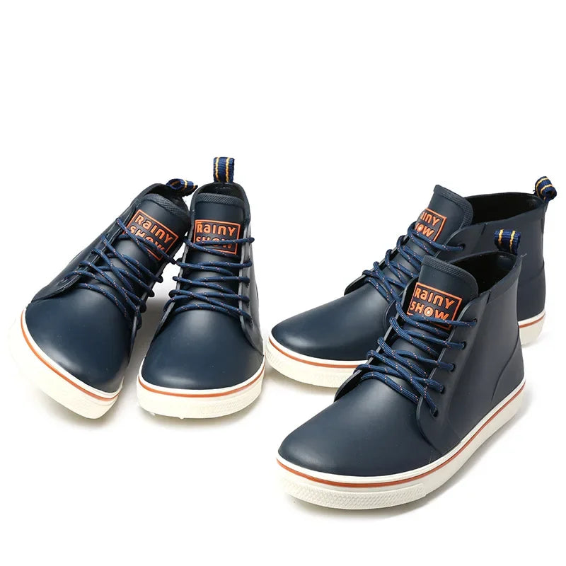 Navy unisex ankle gumboots pair shown from front angle
